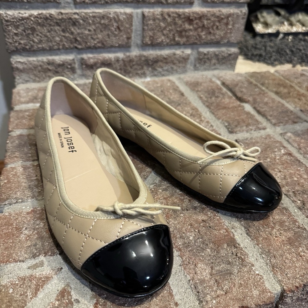 Jon Josef Belle Quilted Ballet Flats Sz 6 Beige Black Cap Toe Bow Leather #244